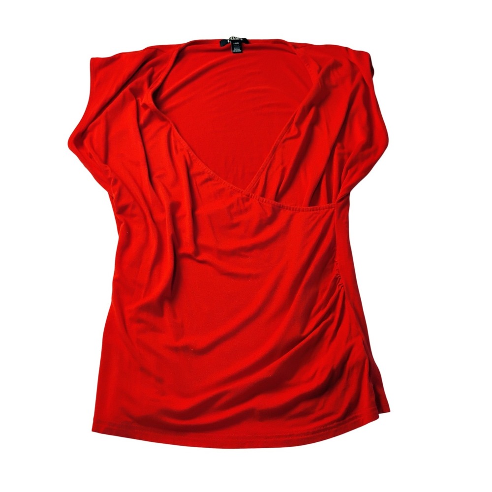 Chaps Womens Red Faux Wrap Top Blouse Size L Short Sleeve‎ Career